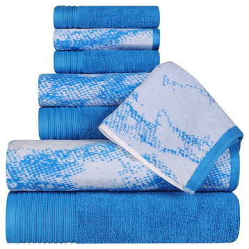 8 Piece Marble Effect Face Hand Bath Towel, Blue