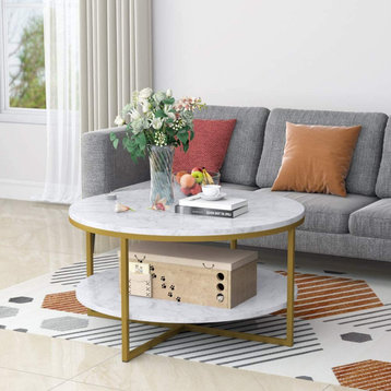 Round Coffee Table Modern Faux Marble Style with Gold Metal Legs