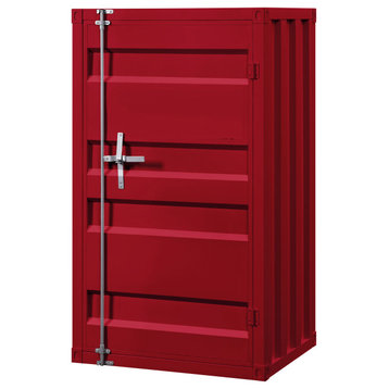 Industrial Style Metal Base Single Door Chest With Slated Pattern, Red