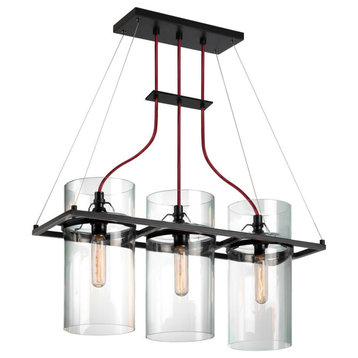 Square Ring 3-Light Linear Pendant With Satin Black Finish and Clear Glass
