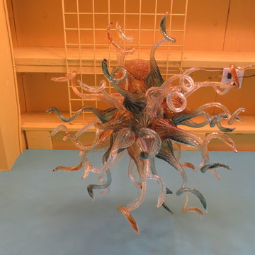 Blown Glass Chandelier - Art Glass Chandelier - Art Glass Lighting - Teal  Amber
