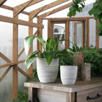Round Pots With Alternate Parrallel Lines and Tapered Bottoms, 2-Piece Set