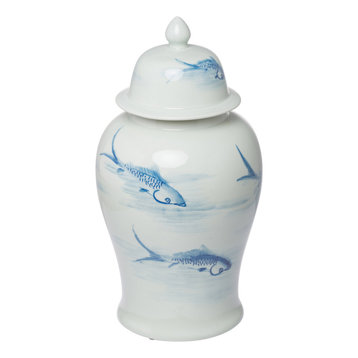 Koi Decorative Jar or Canister, Gloss Blue and White, 9"