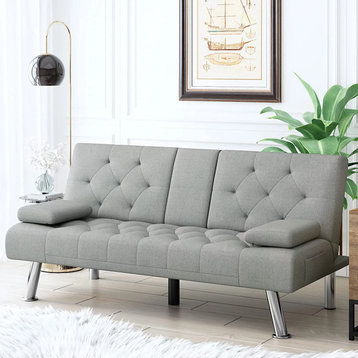 Modern Folding Futon, Tufted Polyester Seat & Drop Down Cupholders, Gray