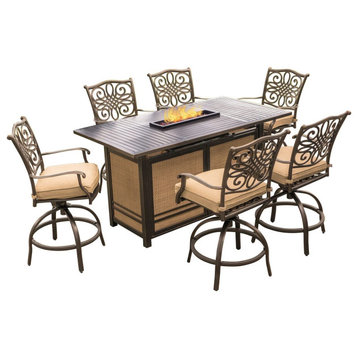 7 Piece Patio Dining Set, Swivel Cushioned Chairs & Tall Fire Pit Table, Oatmeal