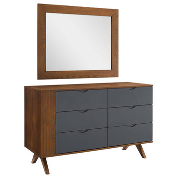 Dresser Drawer Chest Mirror Set, Walnut, Wood, Modern, Mid Century Guest Suite