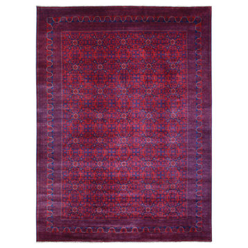 Red Hand Knotted Tribal Design Soft Wool Afghan Khamyab Oriental Rug, 9'8"x13'1"