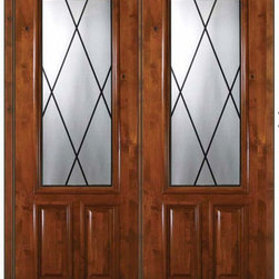 Prehung Double Door 96 Wood Alder Sandringham 2 Panel 2/3 Lite Glass - Front Doors