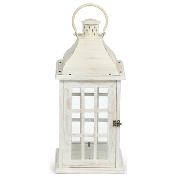 Reigle Coastal Handcrafted Mango Wood Decorative Lantern, Distressed White, 10 W