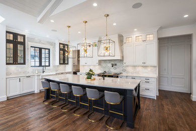 Kitchen - large dark wood floor, brown floor and wallpaper ceiling kitchen idea in Vancouver with a double-bowl sink, flat-panel cabinets, gray cabinets, quartzite countertops, white backsplash, marble backsplash, an island and white countertops