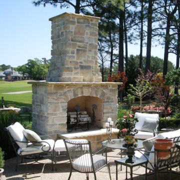 Outdoor Living Room with Stone Fireplace