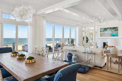 Large transitional light wood floor and beige floor family room photo in Baltimore with white walls