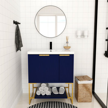 BNK Freestanding Raised Grain Bathroom Vanity With Resin Basin, Navy Blue, 30"
