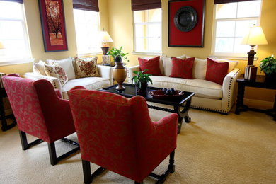 Living room - mid-sized asian formal carpeted and beige floor living room idea in Philadelphia with beige walls, no fireplace and no tv