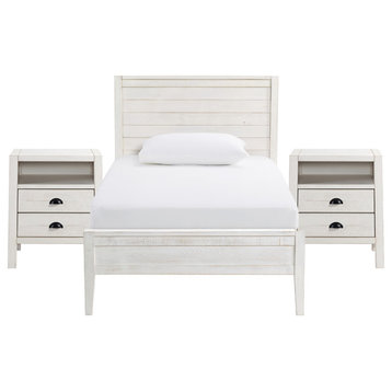Windsor 3-Piece Set with Panel Twin Bed and 2 Nightstands, Driftwood White, Twin