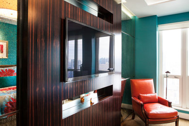 Bedroom - mid-sized contemporary guest light wood floor bedroom idea in Chicago with blue walls and no fireplace