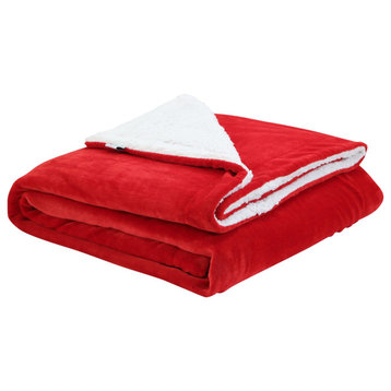 Amarey Flannel Reversible Sherpa Throw Blanket, Red, 108"x90"