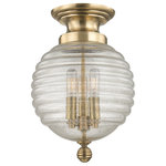 Hudson Valley Lighting - Coolidge 3-Light, Flush Mount, Aged Brass - Distinctly figured, Coolidge's blown glass pays homage to a storied Roman symbol. Renowned for their innovative designs and engineering feats, ancient Romans lauded the cooperation and achievement implied by the lantern's hanging beehive shape. Our attention to detail draws from these venerable forbearers by extending the signature hive motif across the fixture's cast finial and canopy.