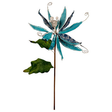 28" Aqua And Blue Pointsettia Pick With Green Leaves