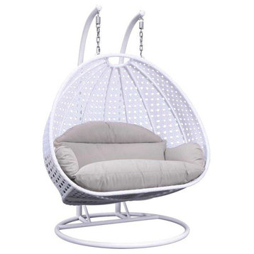 LeisureMod Modern 2 Person Wicker Double Hanging Egg Swing Chair, Whtie