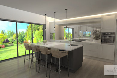 Inspiration for a large contemporary grey and black open plan kitchen in Other with an integrated sink, shaker cabinets, grey cabinets, quartz worktops, mirror splashback, stainless steel appliances, light hardwood flooring, an island, white worktops, a vaulted ceiling and feature lighting.