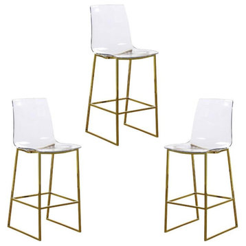 Home Square 3 Piece Polycarbonate Counter Stool Set in Gold Metal/Lucite