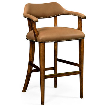 Walnut Library Bar Stool, Upholstered in Light Brown Leather