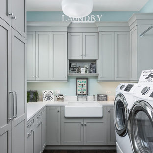 laundry room dark floor wood cabinets gray houzz blue walls save hardwood shaker brown countertops