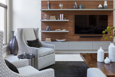 Living room - large contemporary open concept marble floor and beige floor living room idea in Chicago with gray walls, a standard fireplace, a stone fireplace and a media wall