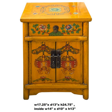 Chinese Distressed Mango Yellow Fishes Graphic End Table Nightstand Hcs7186