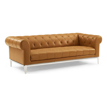 Idyll Tufted Button Upholstered Leather Chesterfield Sofa Tan
