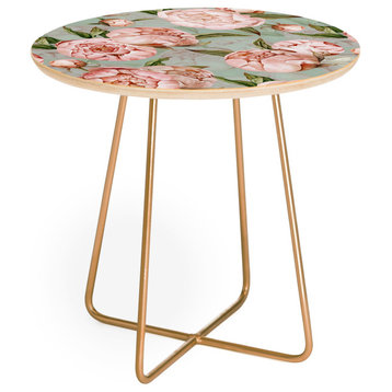 Deny Design UtArt Peach Peonies Watercolor on Teal Sepia Round Side Table