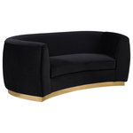 Meridian Furniture - Julian Velvet Upholstered Loveseat, Black, Gold Base - The perfect mix of black velvet and gold stainless steel comes to life in your space with this Julian Black Velvet Loveseat. This bold black velvet loveseat comes upholstered in rich, sumptuous-to-the-touch velvet to make a fashionable statement in your space. The curved back design lends it a modish touch, and the gold stainless steel trim around its base adds to its glitzy appeal. Stage this loveseat alone or with other pieces in the Julian collection.