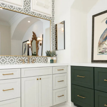 Dual-Tone Vanity with Geometric Tile and Coastal Artwork