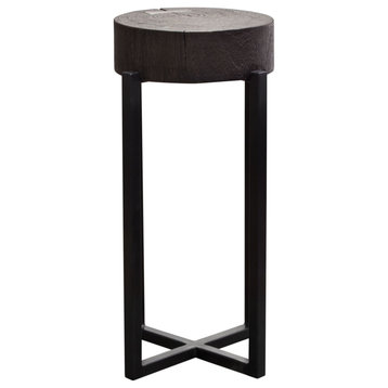 Small 22" Accent Table, Mango Wood Top, Espresso Finish With Silver Metal Inlay