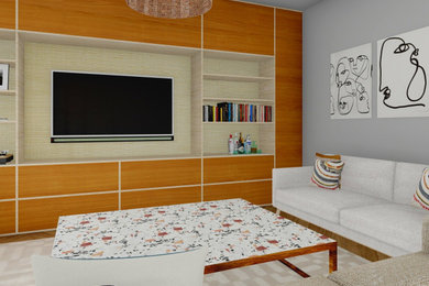 Cette image montre une salle de séjour design de taille moyenne et ouverte avec une bibliothèque ou un coin lecture, un mur beige, un sol en bois brun, aucune cheminée et un téléviseur fixé au mur.