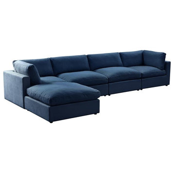 Kaelynn Sofa Navy Blue Linen Upholstered 4 Seat and Ottoman