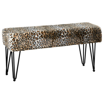 Leopard Faux Fur Bench With Black Legs, 46''x16''x22''