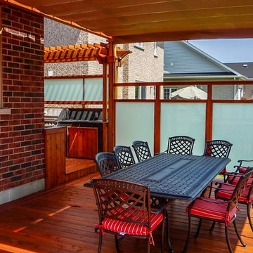 Pergola with shade awning, deck, and barbecue area