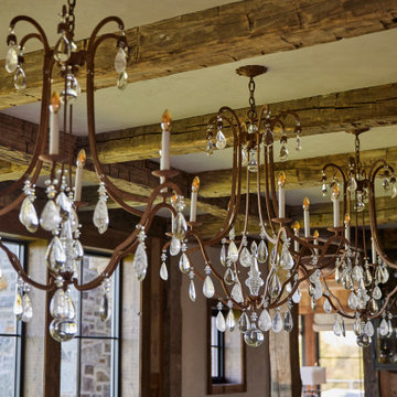 Hand Hewn Timbers in Farmhouse Dining Room Ceiling