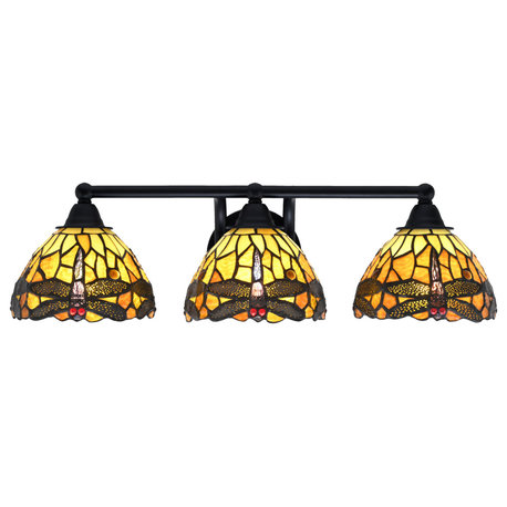 Paramount 3-Light Bath Bar, Matte Black, 7" Amber Dragonfly Art Glass
