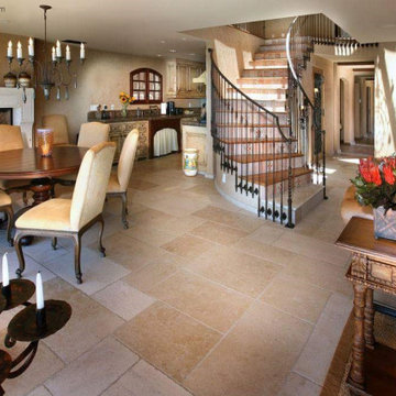 Minimalistic French limestone fireplace mantel