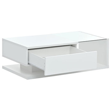 Modern Coffee Table, MDF Construction With Glass Top & Storage Drawer, White