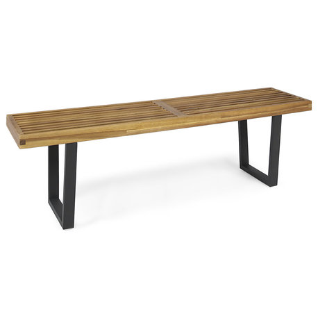 Joa Patio Contemporary Acacia Wood Dining Bench With Iron Legs, Teak Finish/Black