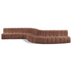 Meridian Furniture - Arc Vegan Leather Upholstered 8-Pc. S-Shaped Modular Sofa, Cognac - Unleash modern opulence with the Arc Vegan Leather 8pc. Sectional. Crafted for the modern connoisseur, this Sectional injects an air of refined luxury into any space. Its sleek silhouette, upholstered in supple cognac vegan leather, exudes timeless sophistication while the deep channel tufting adds textural intrigue, further elevating the chair's visual appeal. The modular design makes it a versatile chameleon, effortlessly adapting to your evolving needs and preferences. Whether you envision it gracing a chic living room corner, basking in the glow of a bedroom window, or adding a touch of drama to a home office, the Arc seamlessly complements your unique interior aesthetic.