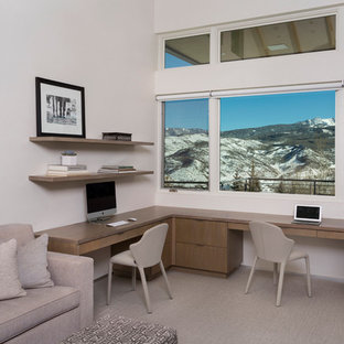 This is an example of a medium sized modern study in Denver with white walls, carpet, a two-sided fireplace, a plastered fireplace surround, a built-in desk and beige floors.