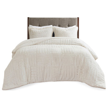 Madison Park Checkboard Brushed Long Fur Comforter Mini Set, Ivory, Full/Queen