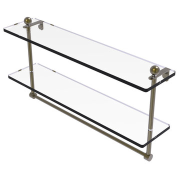 22" Two Tiered Glass Shelf with Integrated Towel Bar, Antique Brass