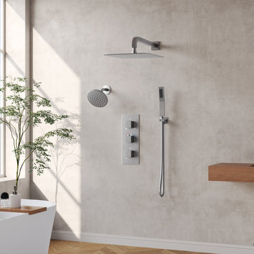 Dual Heads 12" & 6" Rain High Pressure Shower System w/3-Way Thermostatic Faucet, Brushed Nickel
