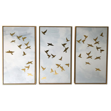 Gallery 57 Golden Birds Floating Canvas 3 piece 48x30